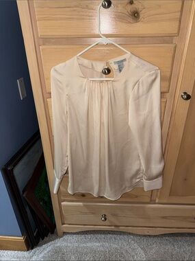 H&M Cream Pleated Round-Neck Long-Sleeve Blouse